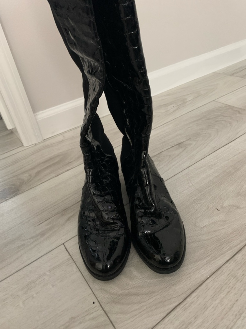 Stuart Weitzman Black Patent Croc-Embossed Knee Boots